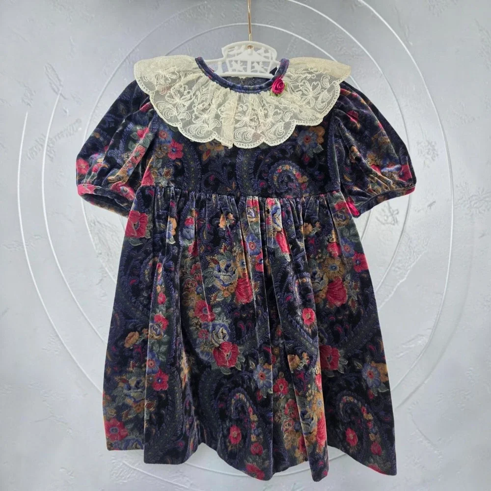 Vintage Girls Velvet Paisley Floral Dress Lace Collar Navy Blue Burgundy 4T